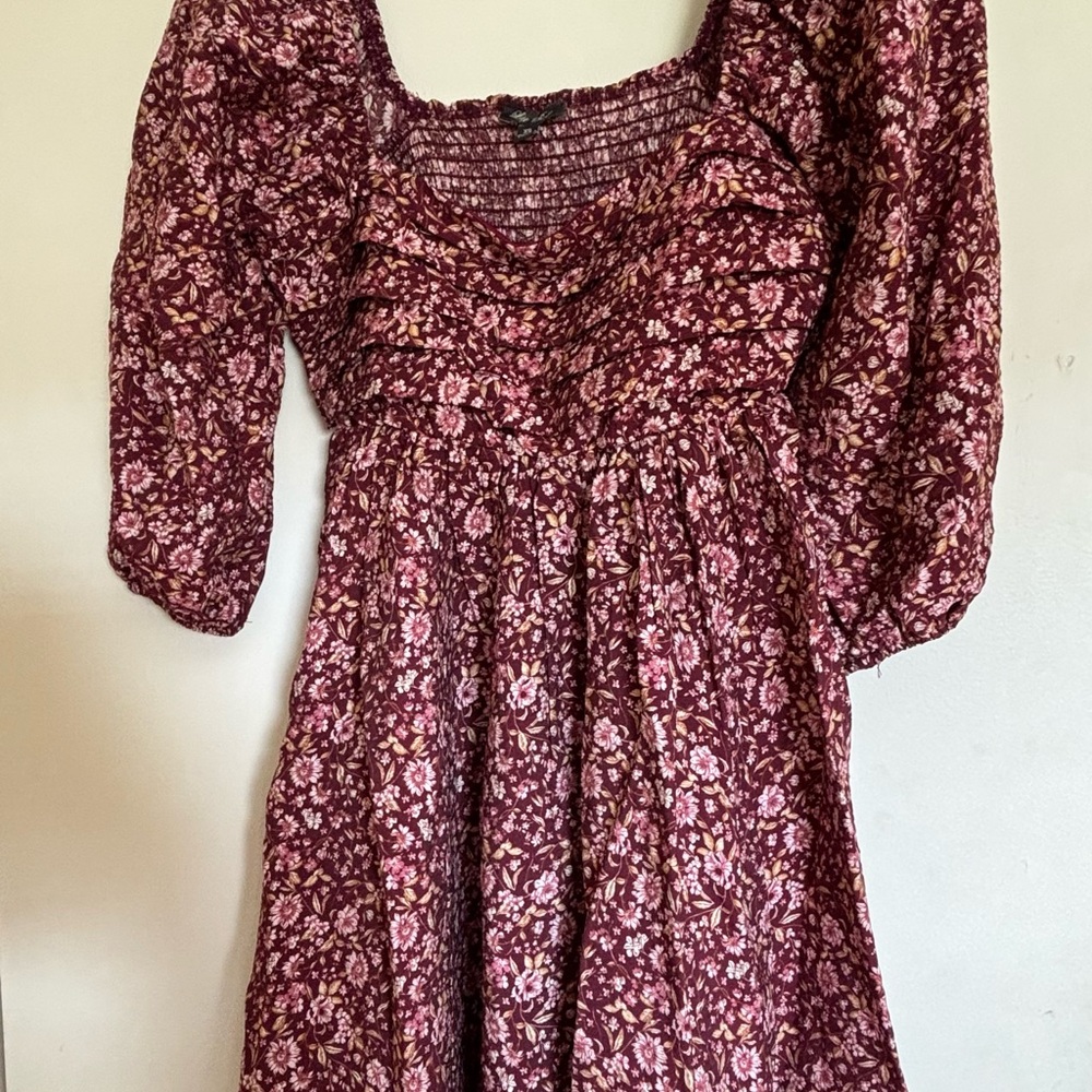 Lily Rose Burgundy and Pink, Floral, Square Neck, Puffed Sleeved, Mini Dress